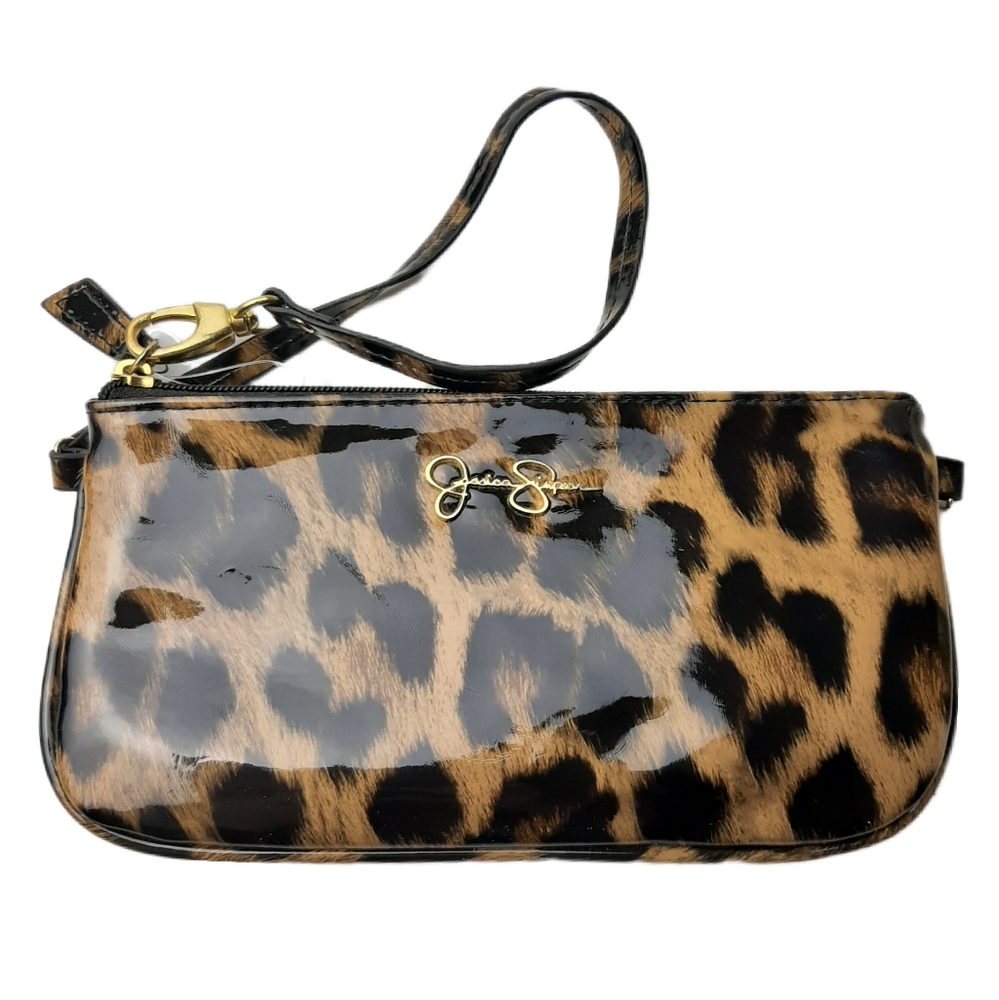 🍒 JESSICA SIMPSON Kate Faux Patent Leopard Leather Wristlet Purse *Mark